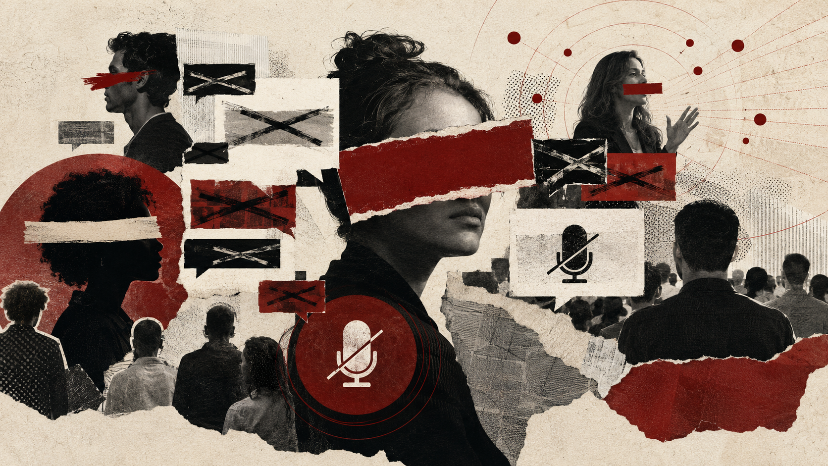 Colagem editorial de pessoas sendo simbolicamente silenciadas e canceladas nas redes sociais