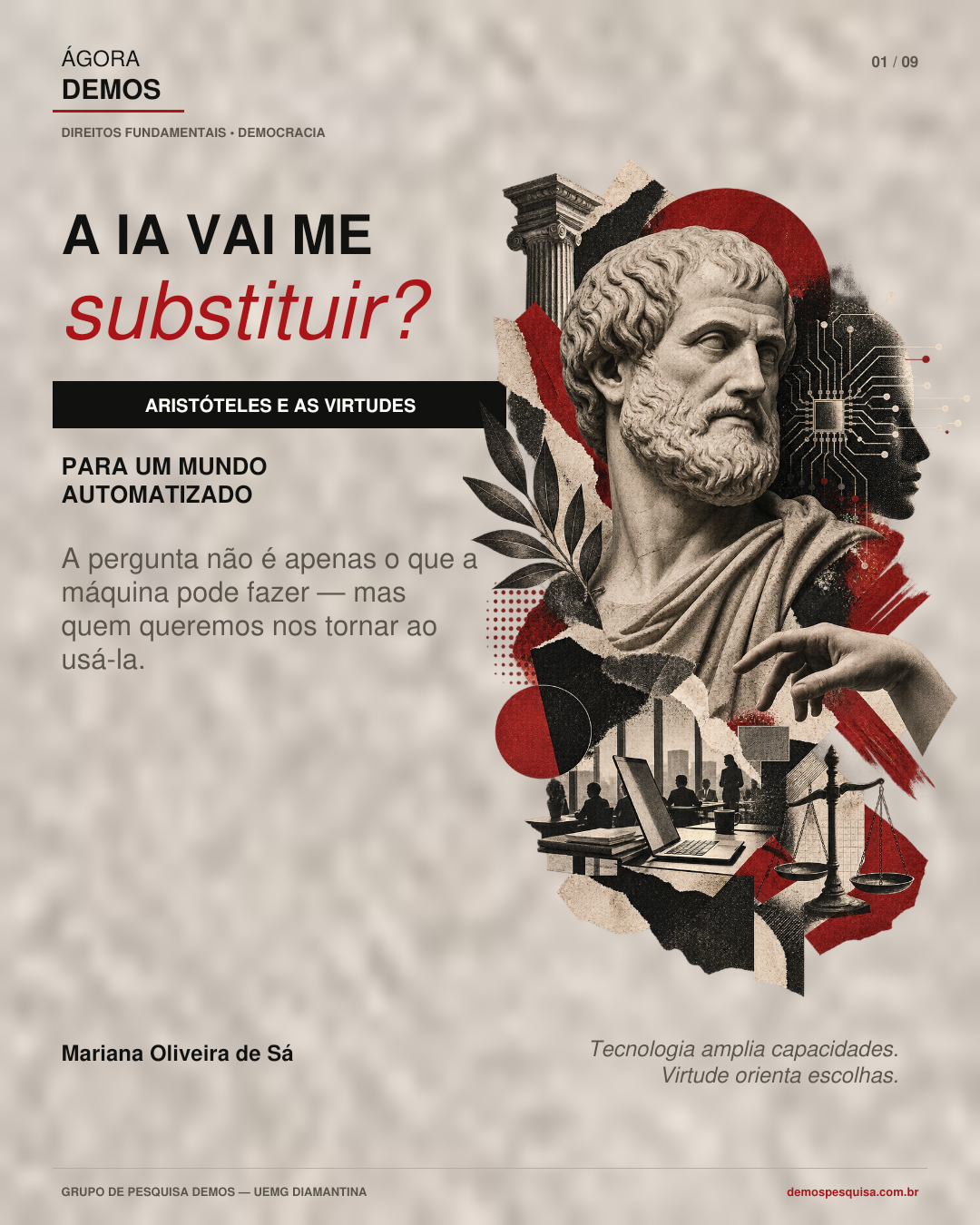 Arte editorial da Ágora DEMOS com Aristóteles, inteligência artificial, trabalho e justiça